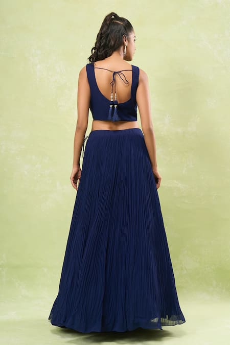 Shop Samyukta Singhania Blue Georgette Beads, Sequins V-, Round Embroidered Jacket Lehenga Set Shop_Samyukta Singhania_Blue Georgette Beads, Sequins V-, Round Embroidered Jacket Lehenga Set