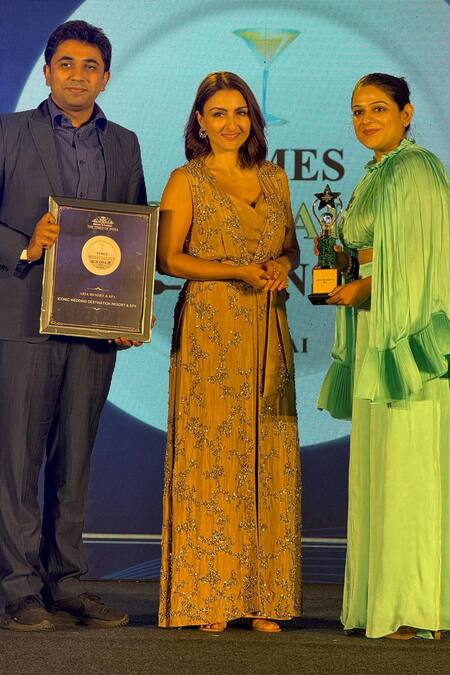 Babita Malkani_Gold Silk, Organza Pearls, Crystals V-neck, Open Embellished Jacket Pant Set _at_Aza_Fashions