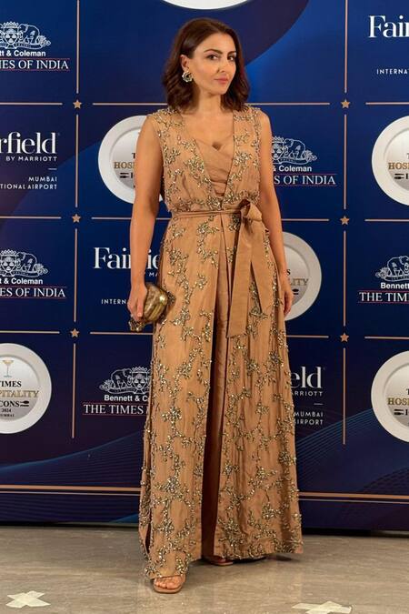 Buy_Babita Malkani_Gold Silk, Organza Pearls, Crystals V-neck, Open Embellished Jacket Pant Set 