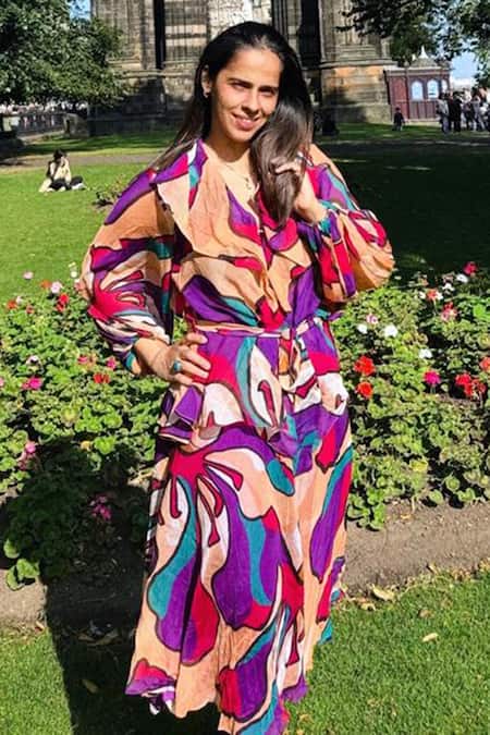 Shop_Babita Malkani_Peach Organza Floral Print Flared Skirt With Belt _Online_at_Aza_Fashions