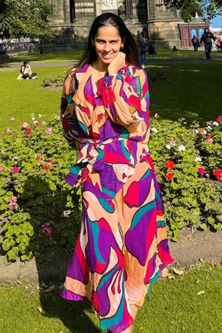 Babita Malkani_Peach Organza Floral Print Flared Skirt With Belt _at_Aza_Fashions