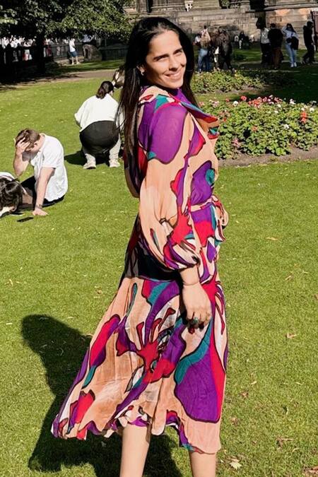 Shop_Babita Malkani_Peach Organza Collared Floral Print Overlapped Top With Sash _Online_at_Aza_Fashions