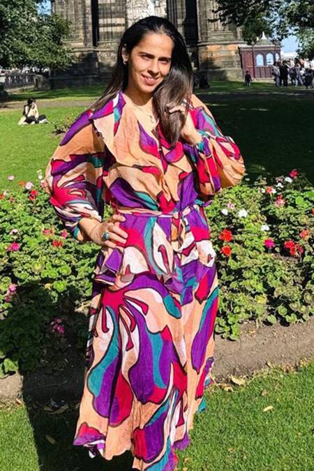 Babita Malkani_Peach Organza Collared Floral Print Overlapped Top With Sash _at_Aza_Fashions