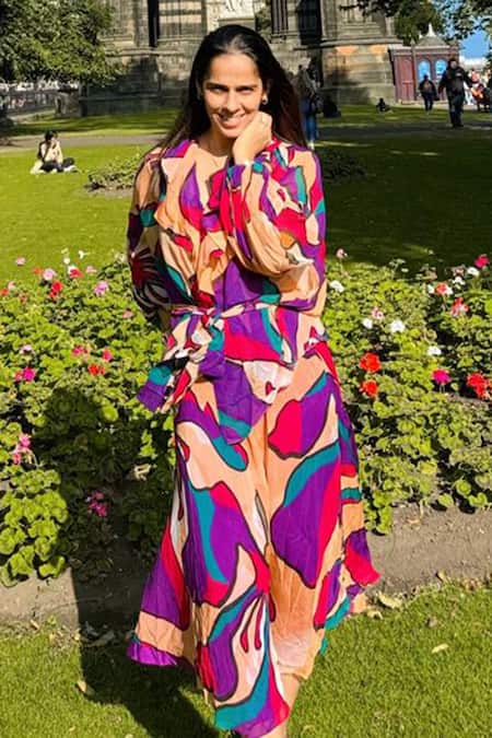 Buy_Babita Malkani_Peach Organza Collared Floral Print Overlapped Top With Sash 