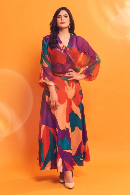 Shop_Babita Malkani_Peach Organza Collared Floral Print Overlapped Top With Sash 