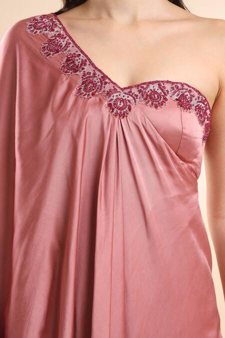 Buy_Amrta By Guneet Kondal_Pink Viscose One Shoulder Embellished Ombre Kaftan _Online_at_Aza_Fashions