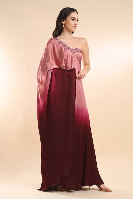 Shop_Amrta By Guneet Kondal_Pink Viscose One Shoulder Embellished Ombre Kaftan _Online_at_Aza_Fashions