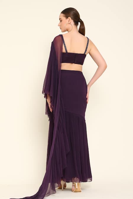 Amrta By Guneet Kondal Purple Embellished Pre-Draped Ruffle Saree 