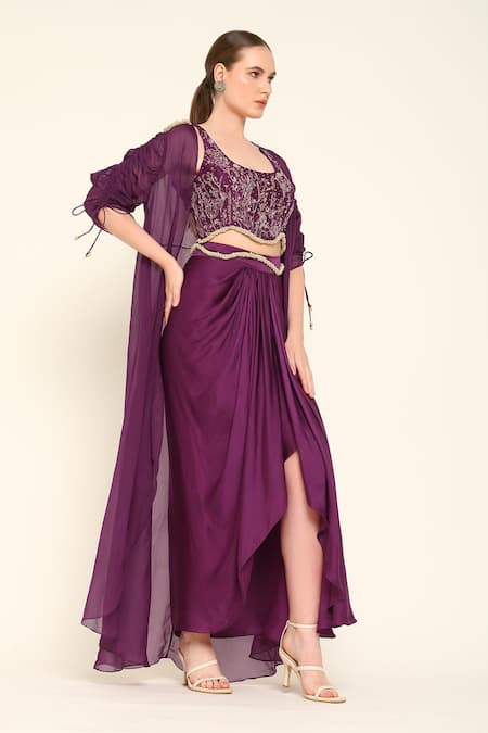 Amrta By Guneet Kondal Purple Ruched Sleeves Cape Set 