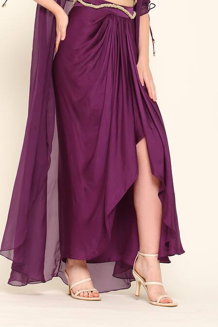 Amrta By Guneet Kondal Purple Silk, Satin Embroidery Scoop Neck Ruched Sleeves Cape Set Online at Aza Fashions Amrta By Guneet Kondal_Purple Silk, Satin Embroidery Scoop Neck Ruched Sleeves Cape Set _Online_at_Aza_Fashions