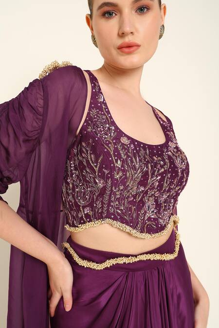 Buy_Amrta By Guneet Kondal_Purple Silk, Satin Embroidery Scoop Neck Ruched Sleeves Cape Set _Online_at_Aza_Fashions
