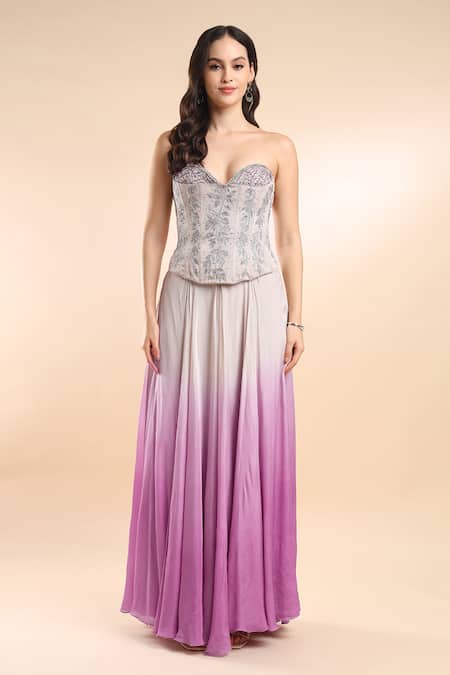 Amrta By Guneet Kondal_Silver Silk, Viscose, Chiffon Embroidery Floral Corset Blouse And Ombre Skirt _Online_at_Aza_Fashions