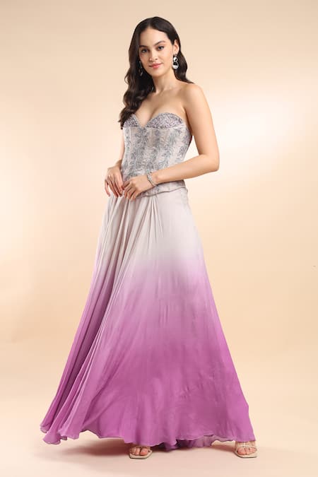 Buy_Amrta By Guneet Kondal_Silver Silk, Viscose, Chiffon Embroidery Floral Corset Blouse And Ombre Skirt _Online_at_Aza_Fashions