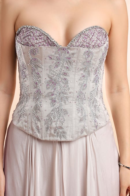 Shop_Amrta By Guneet Kondal_Silver Silk, Viscose, Chiffon Embroidery Floral Corset Blouse And Ombre Skirt _Online_at_Aza_Fashions