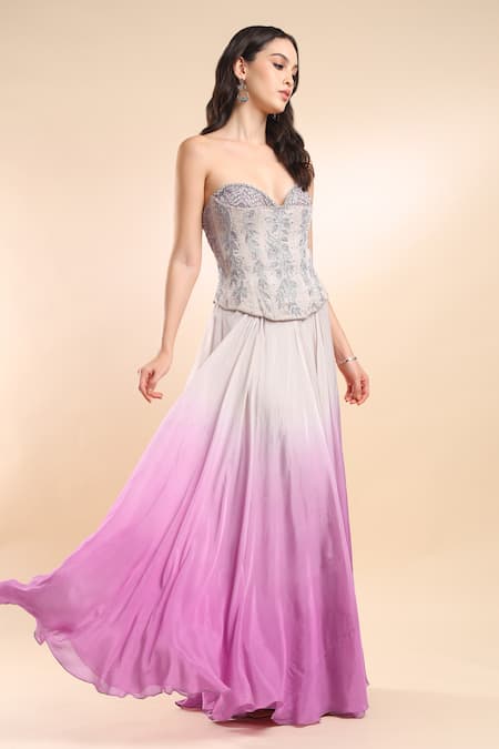 Amrta By Guneet Kondal_Silver Silk, Viscose, Chiffon Embroidery Floral Corset Blouse And Ombre Skirt _at_Aza_Fashions