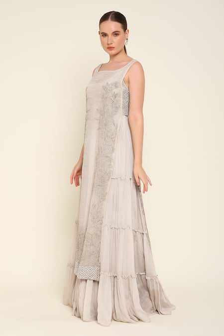 Amrta By Guneet Kondal_Ivory Silk, Viscose Embroidery Sweetheart Neck Overlay Maxi Dress _Online_at_Aza_Fashions