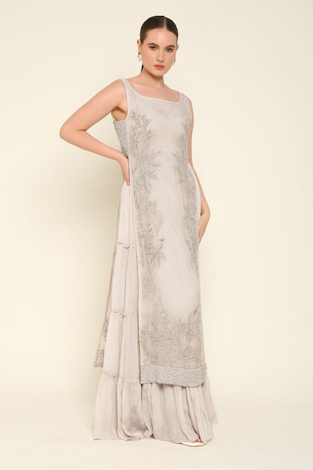 Buy_Amrta By Guneet Kondal_Ivory Silk, Viscose Embroidery Sweetheart Neck Overlay Maxi Dress _Online_at_Aza_Fashions