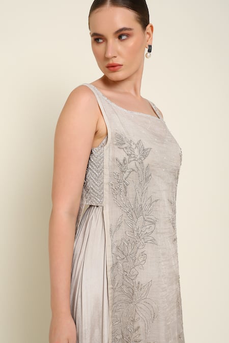 Shop_Amrta By Guneet Kondal_Ivory Silk, Viscose Embroidery Sweetheart Neck Overlay Maxi Dress _Online_at_Aza_Fashions