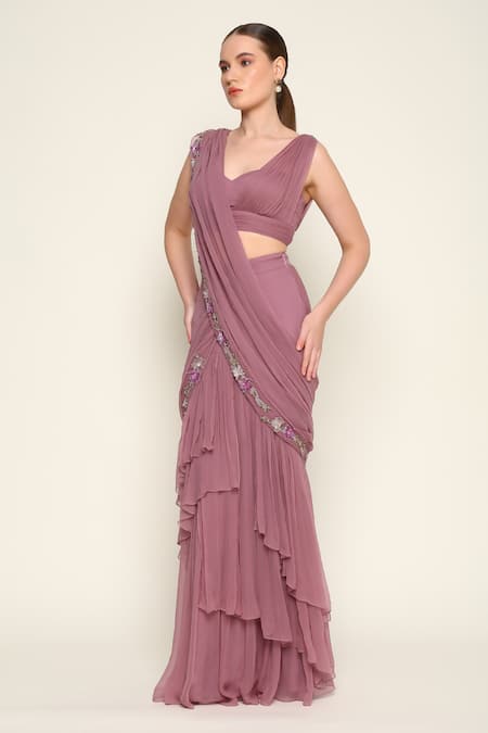 Amrta By Guneet Kondal_Purple Chiffon, Viscose Lace Sweetheart Neck Bloom Pre-draped Ruffle Saree _Online_at_Aza_Fashions