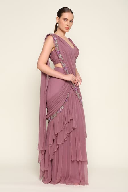 Buy_Amrta By Guneet Kondal_Purple Chiffon, Viscose Lace Sweetheart Neck Bloom Pre-draped Ruffle Saree _Online_at_Aza_Fashions
