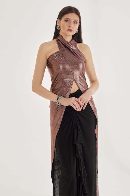 Buy_Cham Cham_Brown Polyester, Kota Doria Ruffles Crew Neck Metallic Asymmetric Top And Skirt _Online_at_Aza_Fashions