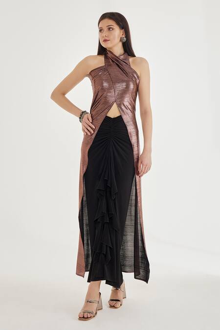 Shop_Cham Cham_Brown Polyester, Kota Doria Ruffles Crew Neck Metallic Asymmetric Top And Skirt _Online_at_Aza_Fashions