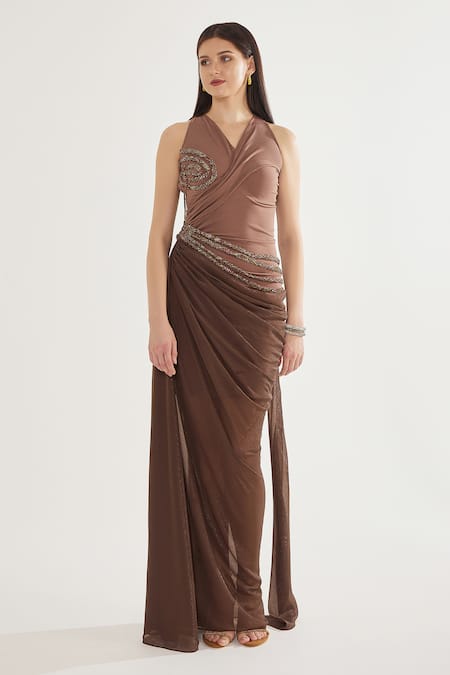 Buy_Cham Cham_Brown Chiffon, Kota Doria Sequins V-neck Spiral Embroidered Gathered Gown _Online_at_Aza_Fashions