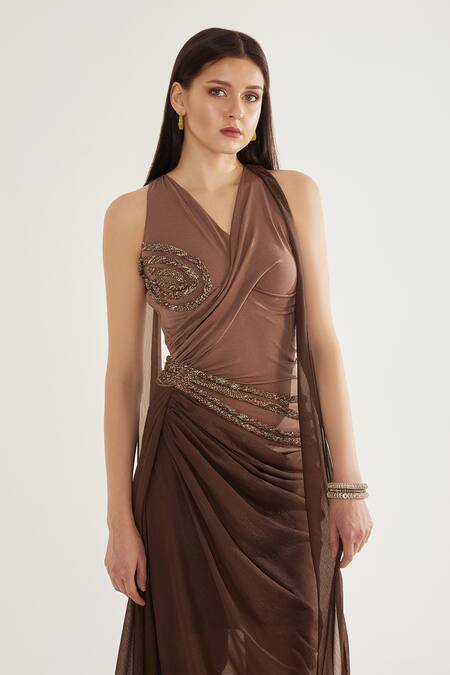 Shop_Cham Cham_Brown Chiffon, Kota Doria Sequins V-neck Spiral Embroidered Gathered Gown _Online_at_Aza_Fashions
