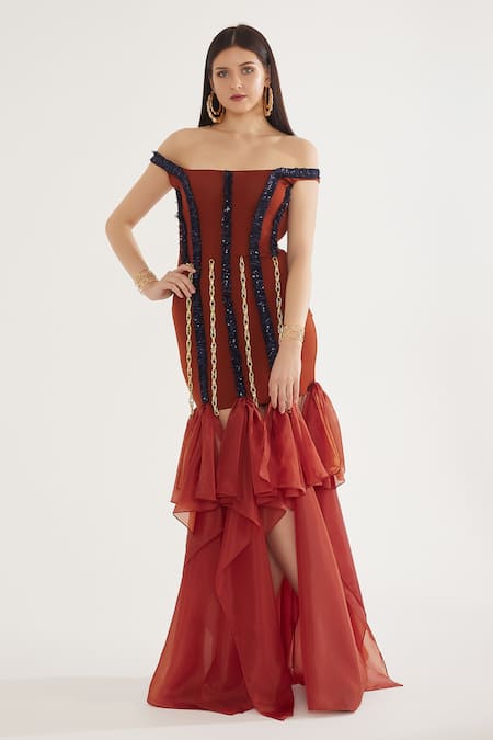 Cham Cham Sequin Embellished Off Shoulder Gown 