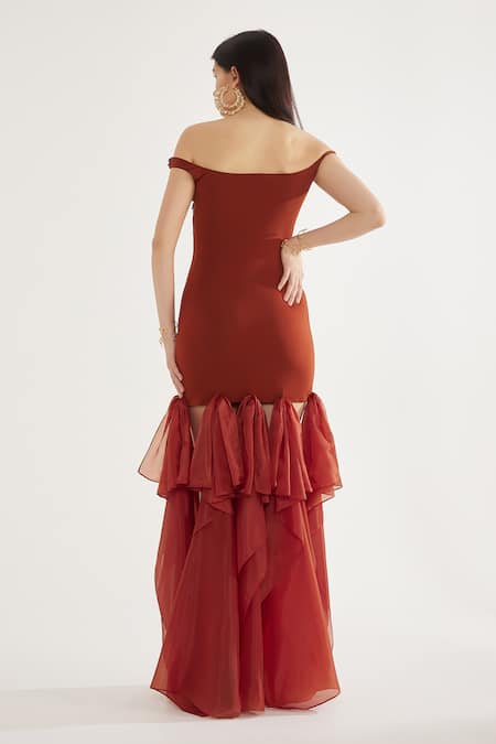 Cham Cham Rust Brown Off Shoulder Sequin Gown