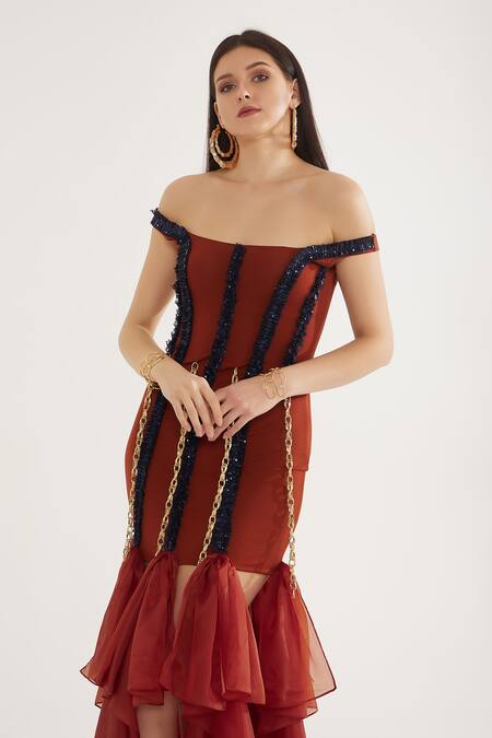Buy_Cham Cham_Brown Organza Sequins, Chains Off-shoulder Rust Off Gown _Online_at_Aza_Fashions