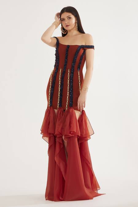 Shop_Cham Cham_Brown Organza Sequins, Chains Off-shoulder Rust Off Gown _Online_at_Aza_Fashions
