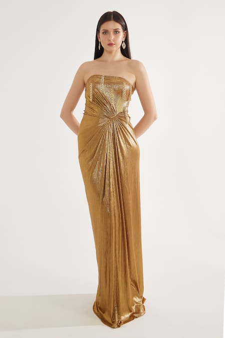 Buy Cham Cham Gold Chains, Stones Open Neck Metallic Gathered Embellished Gown Online at Aza Fashions Buy_Cham Cham_Gold Chains, Stones Open Neck Metallic Gathered Embellished Gown _Online_at_Aza_Fashions
