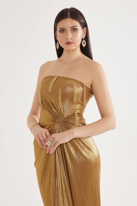 Shop Cham Cham Gold Chains, Stones Open Neck Metallic Gathered Embellished Gown Online at Aza Fashions Shop_Cham Cham_Gold Chains, Stones Open Neck Metallic Gathered Embellished Gown _Online_at_Aza_Fashions