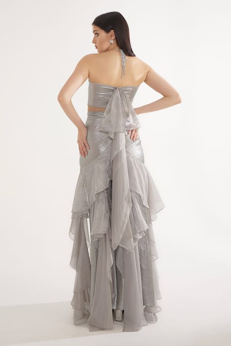 Cham Cham Silver Stone Embellished Halter Neck Set