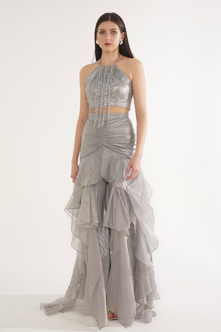 Cham Cham_Silver Organza Stones, Tassels Halter Neck Embellished Set _at_Aza_Fashions