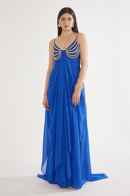 Buy_Cham Cham_Blue Stretch Knit Foil Embellishment Chain Blunt V Draped Gown _Online_at_Aza_Fashions
