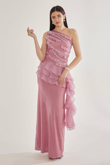 Cham Cham Stone Embellished One Shoulder Ruffle Gown 