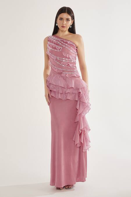 Buy Cham Cham Pink Polyester Stones One Shoulder Embellished Gown Online at Aza Fashions Buy_Cham Cham_Pink Polyester Stones One Shoulder Embellished Gown _Online_at_Aza_Fashions