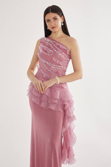 Shop Cham Cham Pink Polyester Stones One Shoulder Embellished Gown Online at Aza Fashions Shop_Cham Cham_Pink Polyester Stones One Shoulder Embellished Gown _Online_at_Aza_Fashions