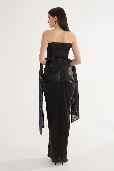 Cham Cham_Black Satin, Silk Sequins Square Neck Metallic Draped Gown With Stole _Online_at_Aza_Fashions