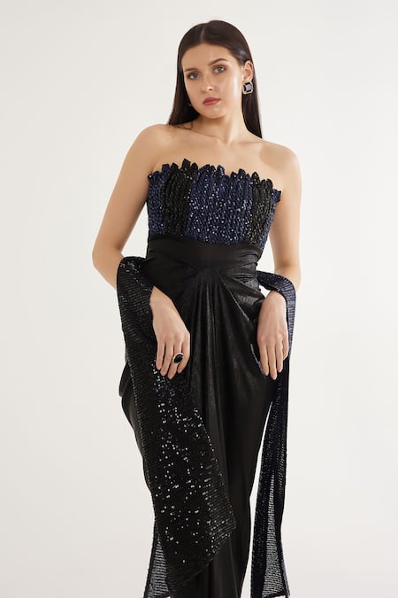 Buy_Cham Cham_Black Satin, Silk Sequins Square Neck Metallic Draped Gown With Stole _Online_at_Aza_Fashions