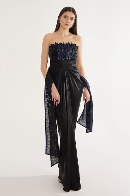 Shop_Cham Cham_Black Satin, Silk Sequins Square Neck Metallic Draped Gown With Stole _Online_at_Aza_Fashions