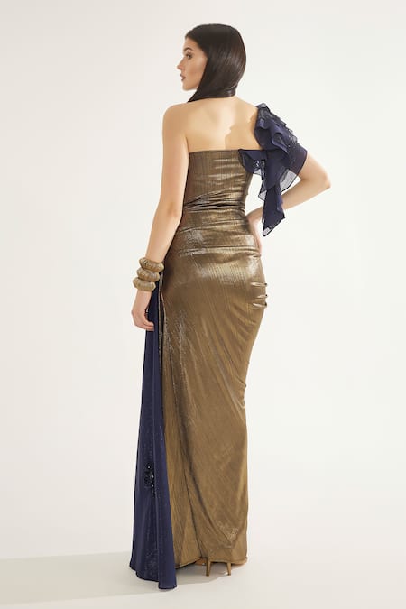 Cham Cham Metallic Ruffle Sleeve Sequin Gown 