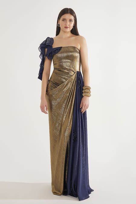 Shop_Cham Cham_Gold Silk Sequins Asymmetric Metallic Ruffle Sleeve Gown _Online_at_Aza_Fashions