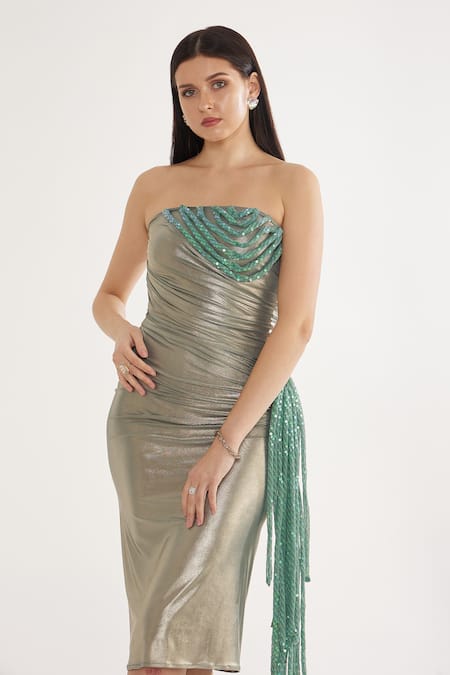 Buy Cham Cham Silver Satin Tassels Open Neck Metallic Green Sequin Bodycon Dress Online at Aza Fashions Buy_Cham Cham_Silver Satin Tassels Open Neck Metallic Green Sequin Bodycon Dress _Online_at_Aza_Fashions