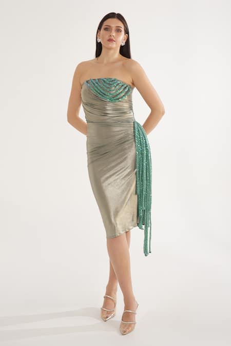 Shop Cham Cham Silver Satin Tassels Open Neck Metallic Green Sequin Bodycon Dress Online at Aza Fashions Shop_Cham Cham_Silver Satin Tassels Open Neck Metallic Green Sequin Bodycon Dress _Online_at_Aza_Fashions