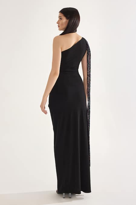 Cham Cham Black Sequin Embellished One Shoulder Gown