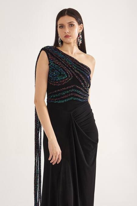 Buy_Cham Cham_Black Satin Sequins One Shoulder Embellished Gown _Online_at_Aza_Fashions