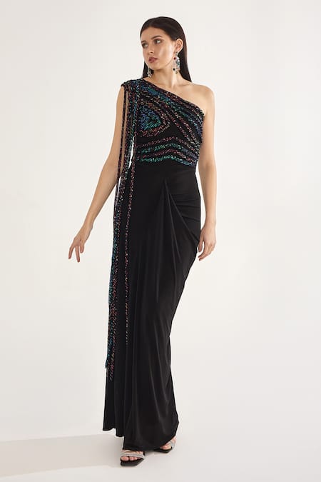 Shop_Cham Cham_Black Satin Sequins One Shoulder Embellished Gown _Online_at_Aza_Fashions